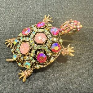 Colorful Turtle Brooch Pin with Pink and Turquoise Rhinestone Accents